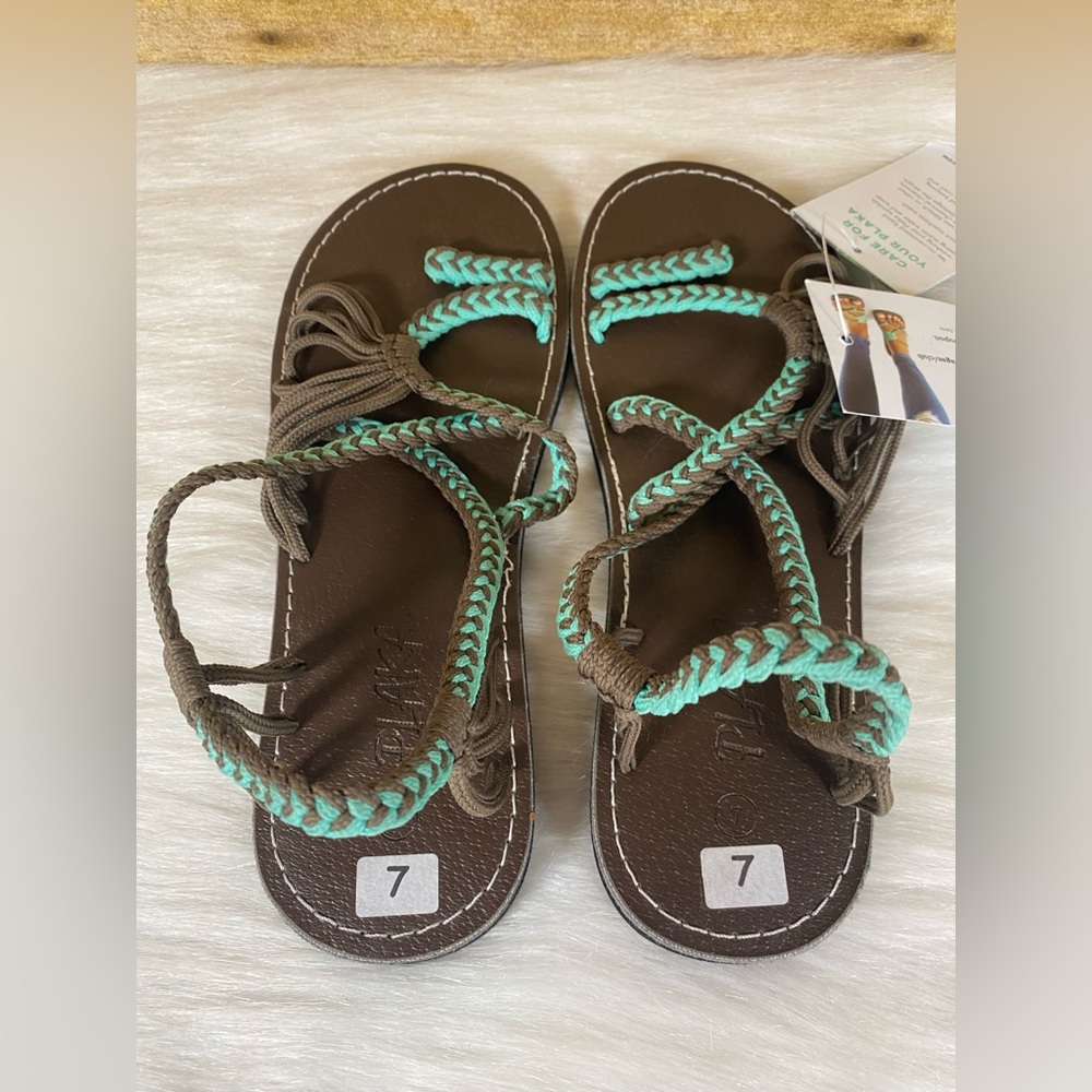 PLAKA Women's Sz 7 Palm Leaf Boho Braided Sandals Brown Turquoise Oceanside NWT - Picture 6 of 7